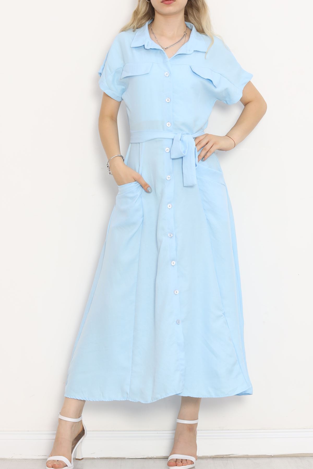 Pocket Detail Belted Dress Light Blue - 18674.1778.