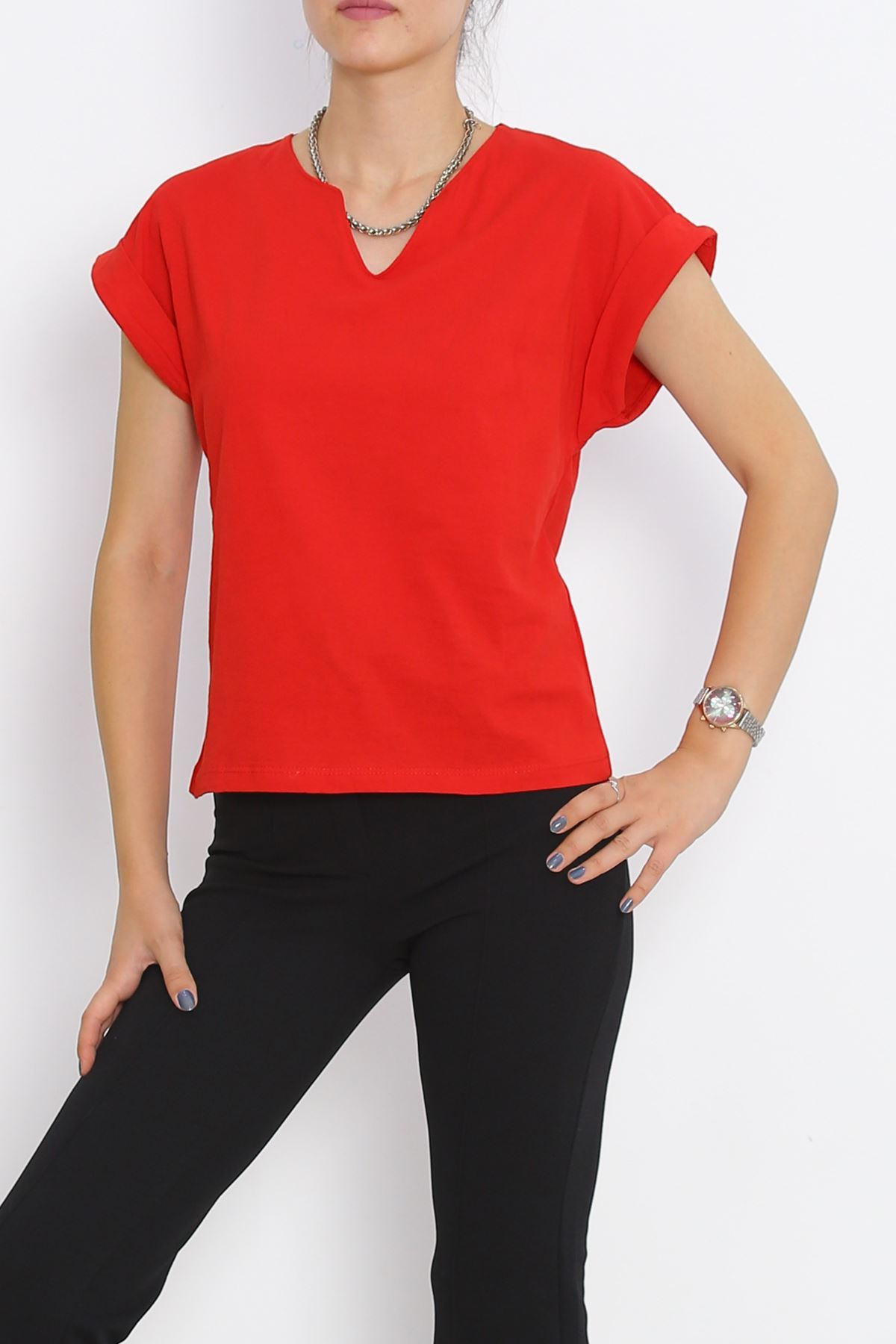 Pear Neck Double Sleeve T-Shirt Red - 15873.1567.