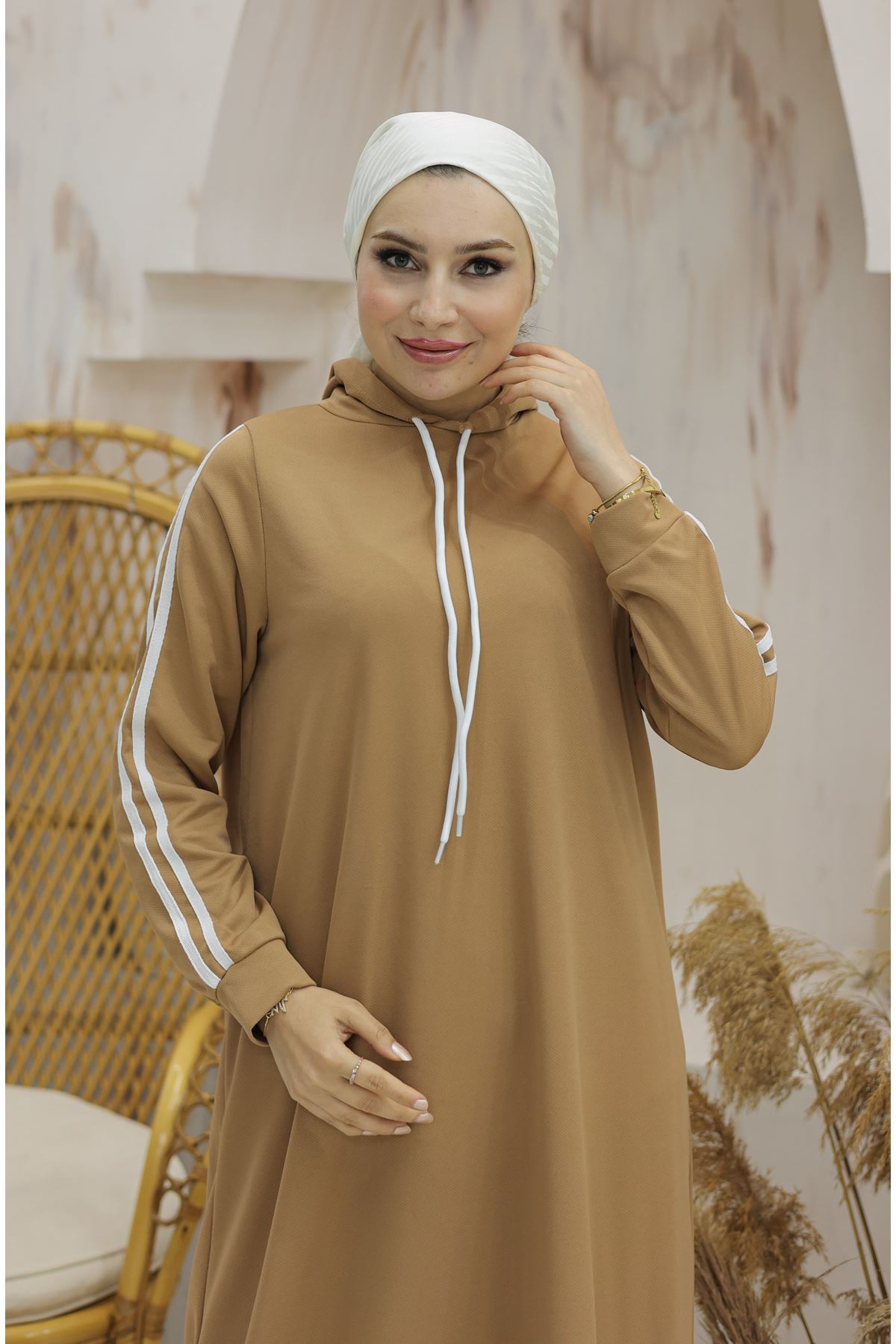 Hooded Stripe Detailed Dress Beige - 10005.1778.