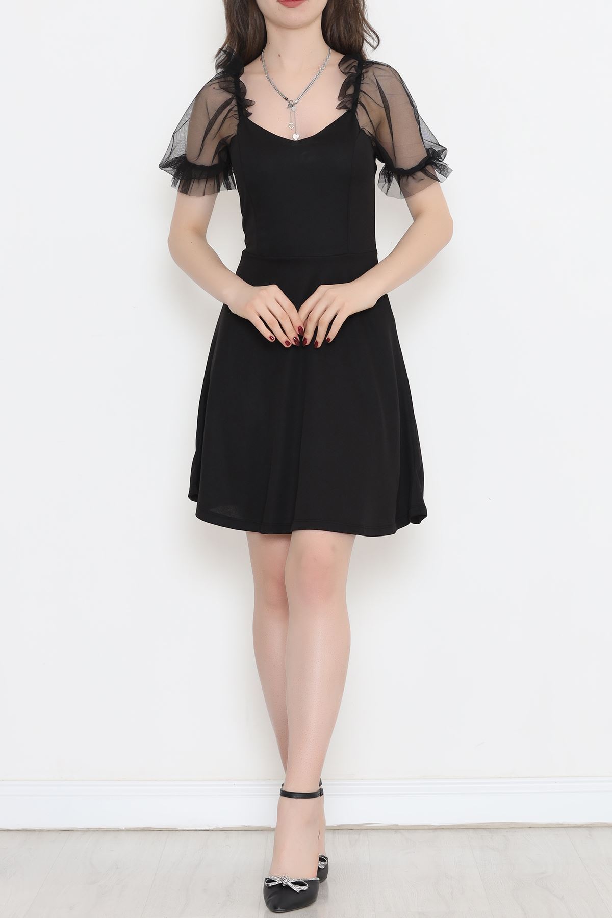 V-Neck Dress with Tulle Sleeves Black - 3869.1595.