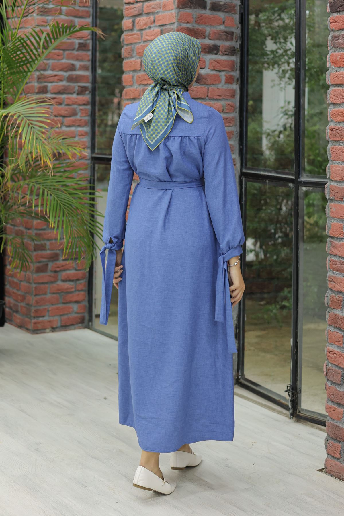 Linen Dress with Sleeve Ties Blue - 20346.1778.