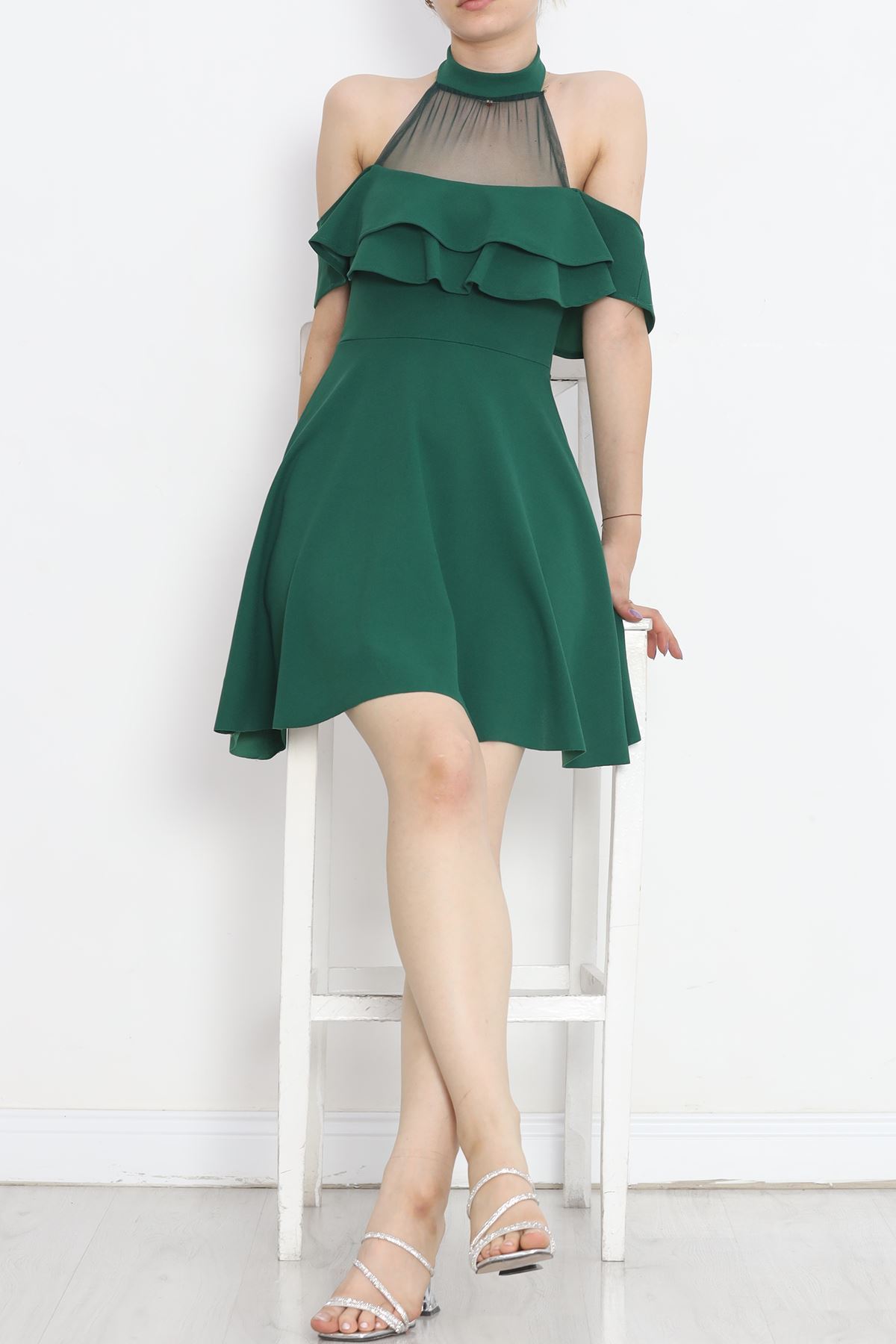 Tulle Collar Ruffle Dress Dark Green - 58838.1592.