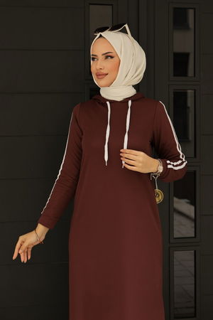 Hooded Stripe Detailed Dress Coffee - 10005.1778.