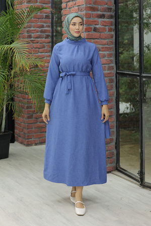 Linen Dress with Sleeve Ties Blue - 20346.1778.