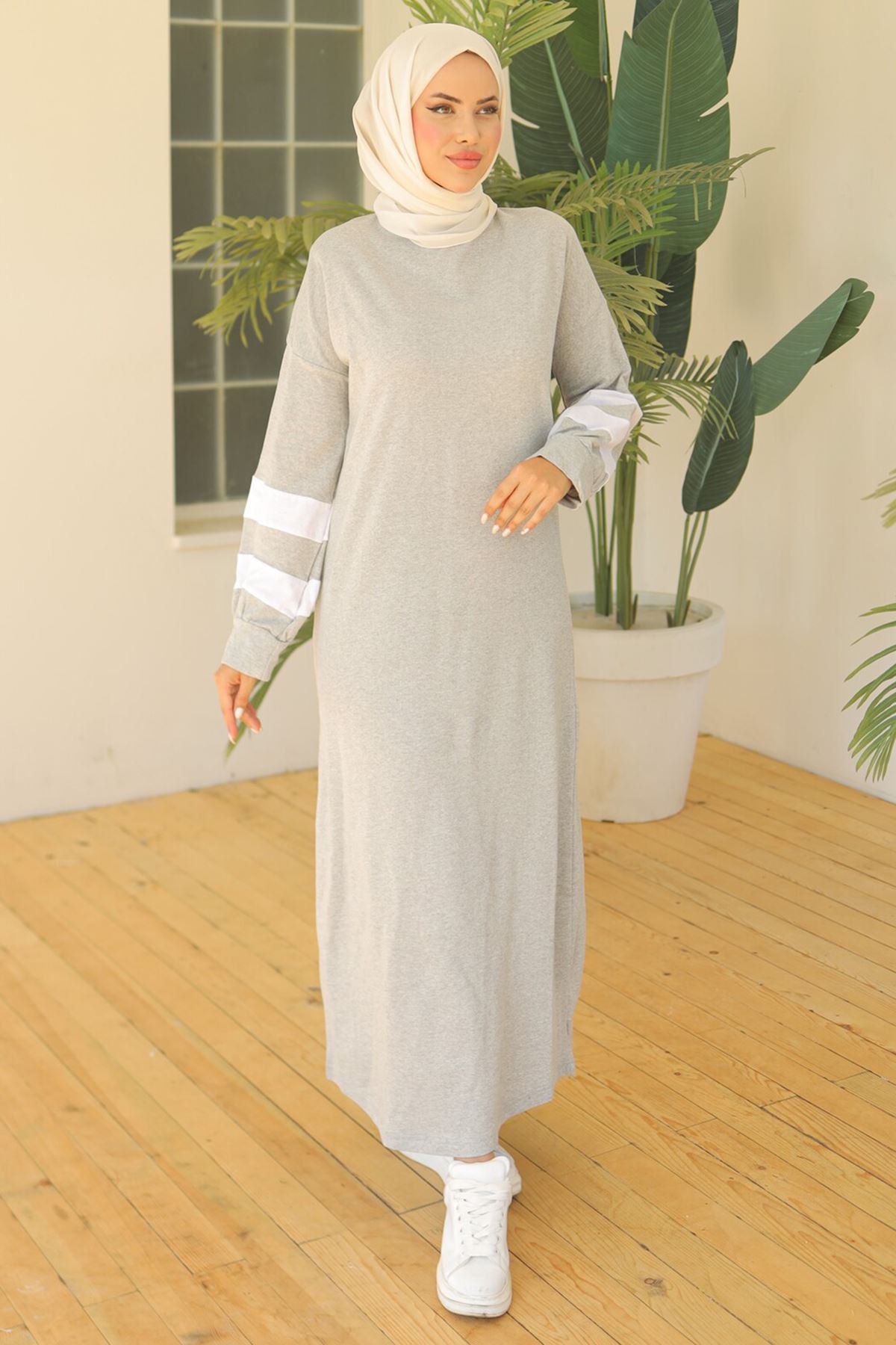 Two Thread Striped Balloon Sleeve Dress Gray - 20345.1778.