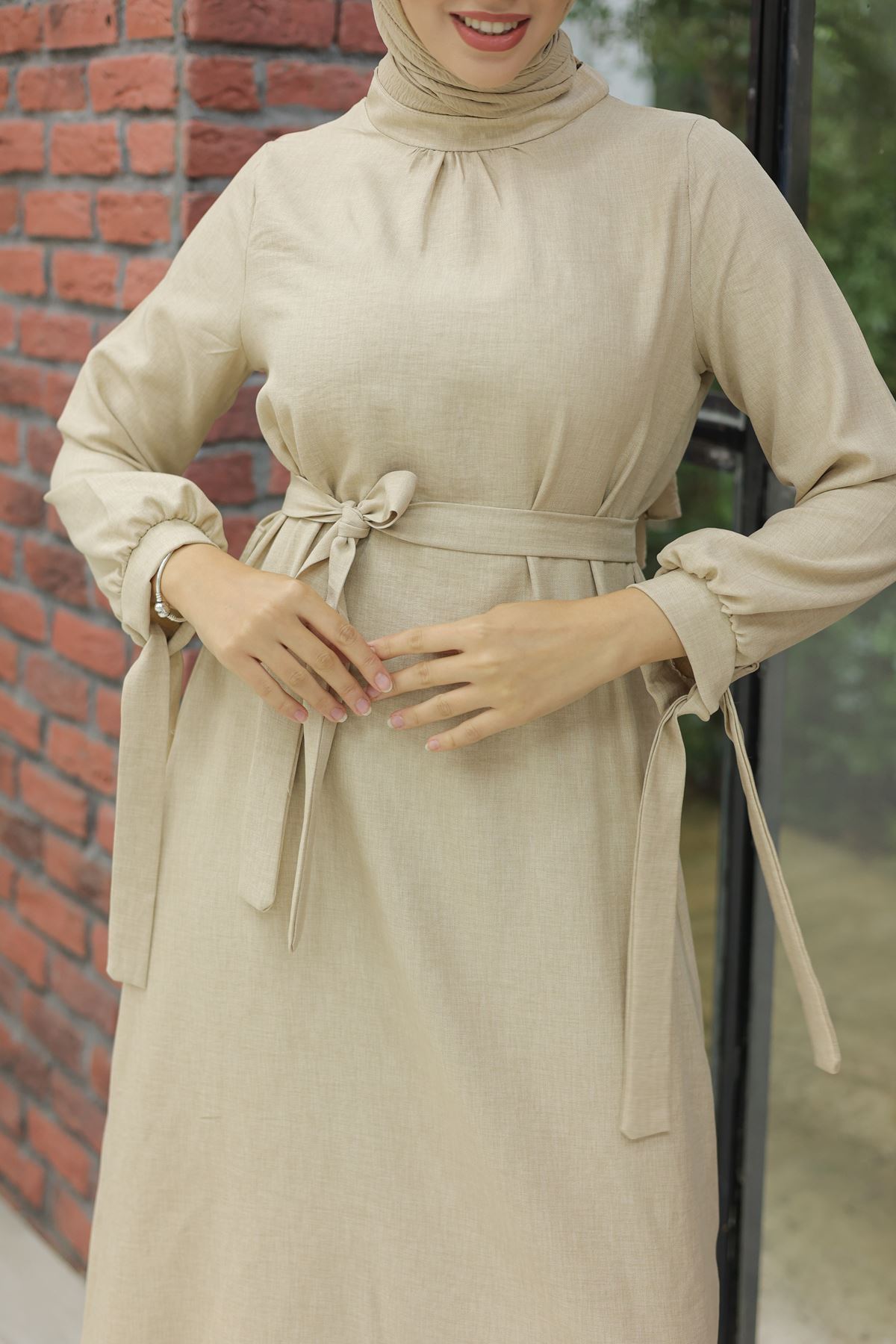 Linen Dress with Sleeve Ties Cream - 20346.1778.