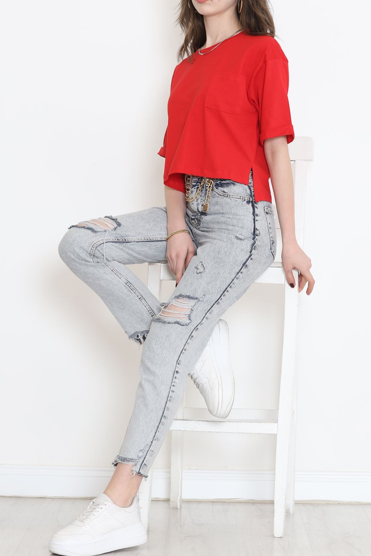 Crew Neck T-shirt with Pockets Red - 16563.1567.