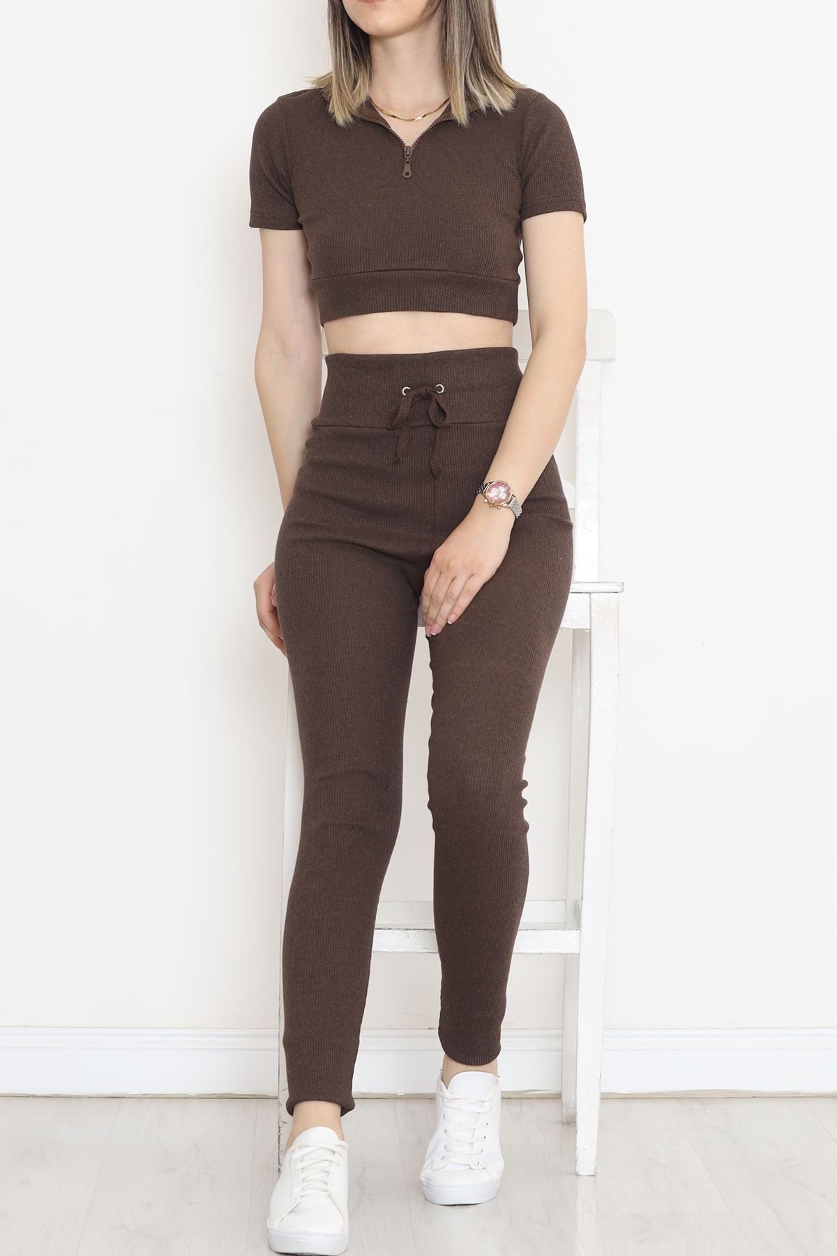 Camisole Zippered Short Sleeve Set Coffee - 18517.1567.