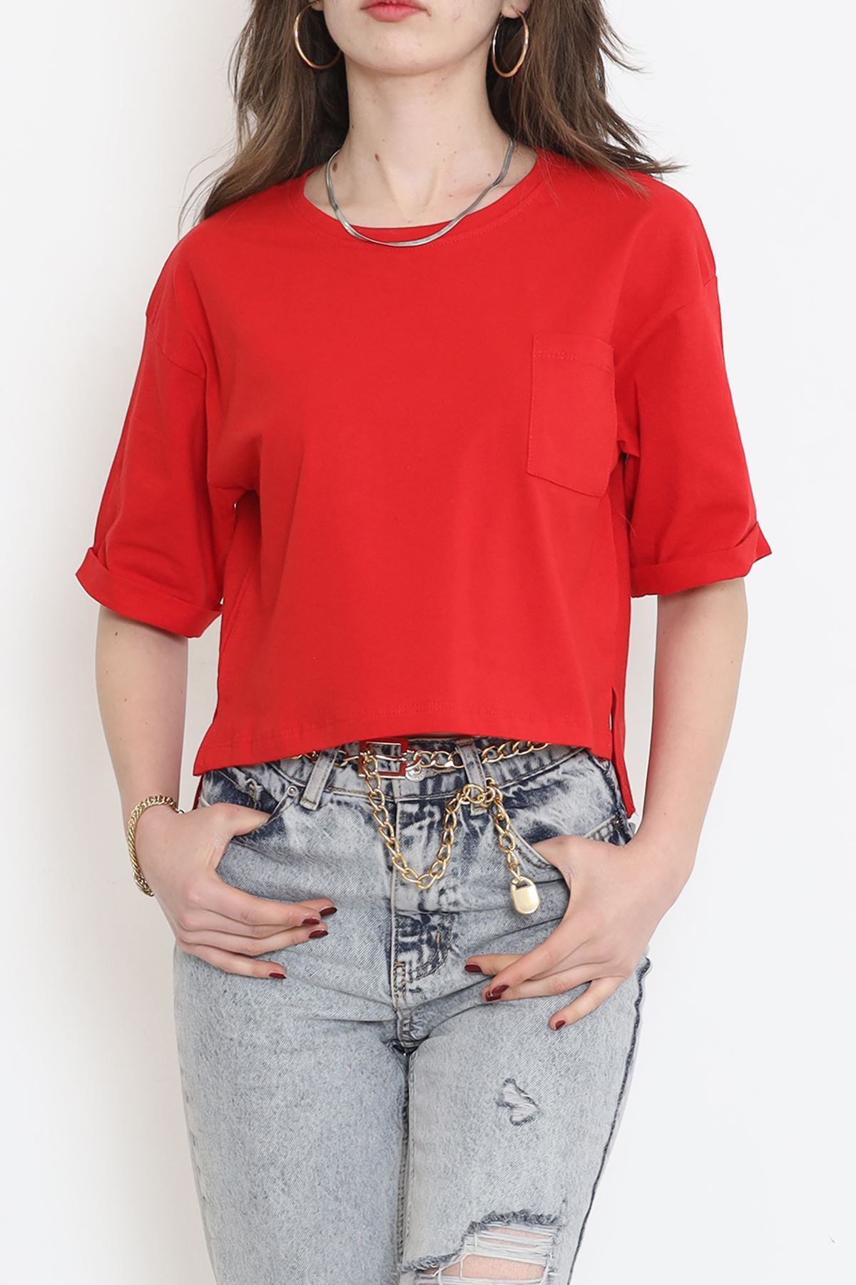 Crew Neck T-shirt with Pockets Red - 16563.1567.