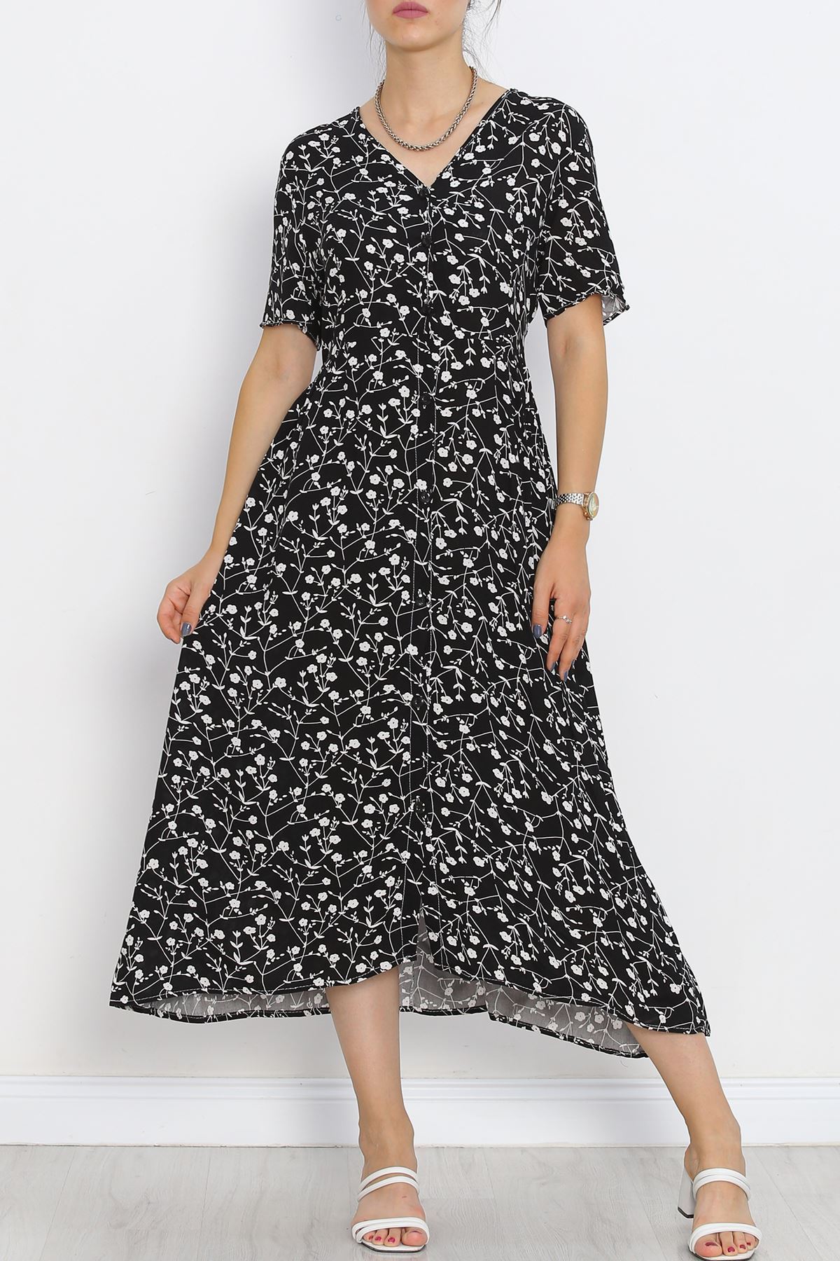 Buttoned Belted Dress Black and White - 716.1247.