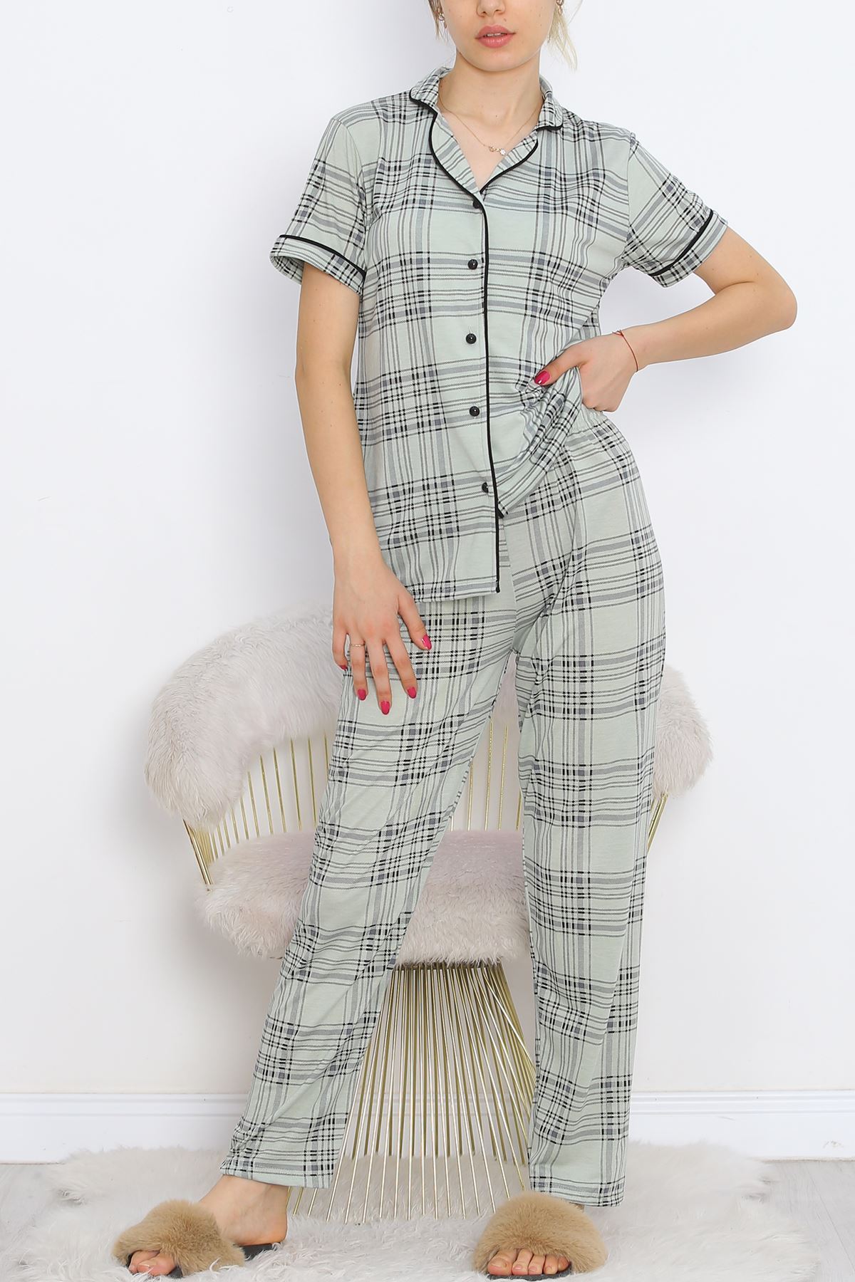 Polyviscose Interlock Short Sleeve Pajama Set Mintsiyah - 927.1287.