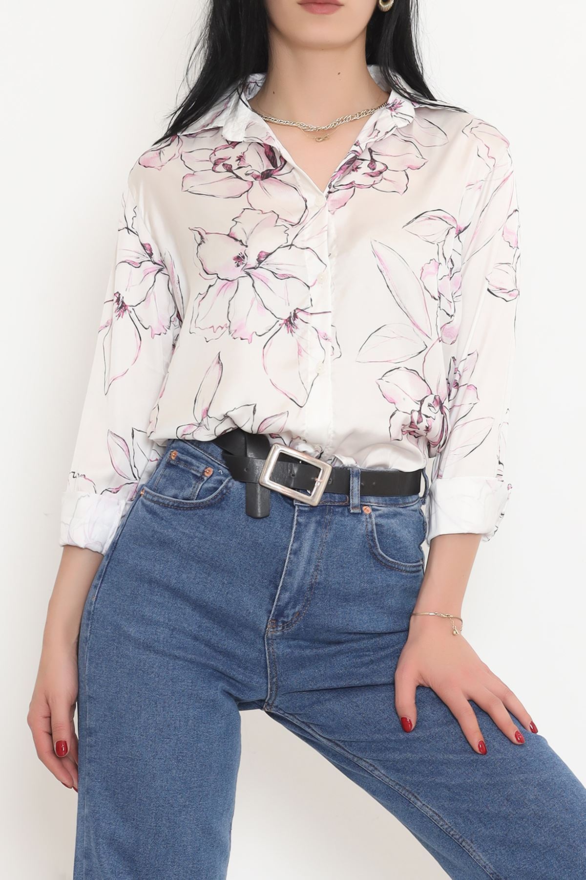 Patterned Satin Shirt Cream Pink - 18582.1247.