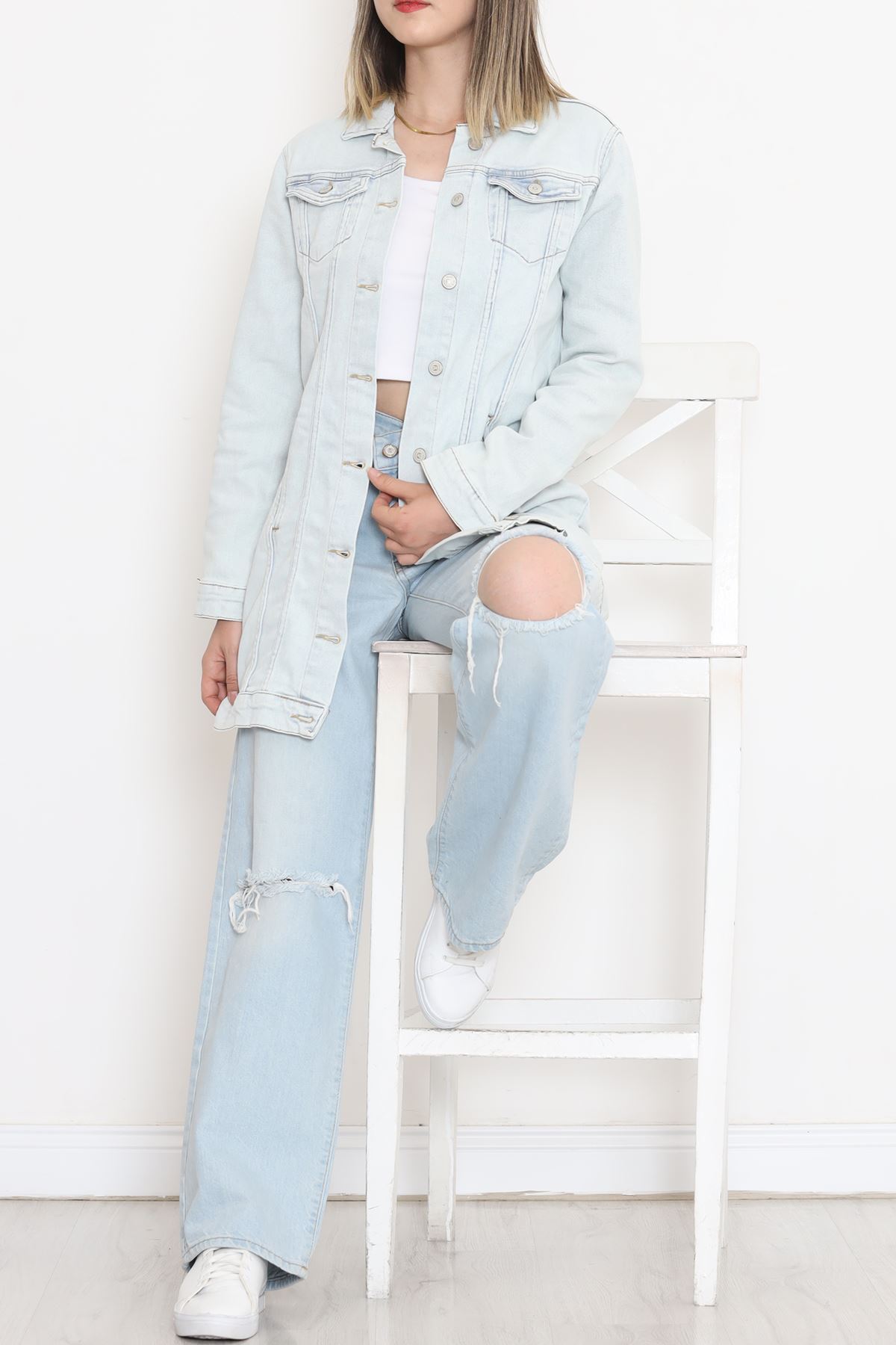 Double Pocket Long Denim Jacket Ice Blue - 18547.1836.