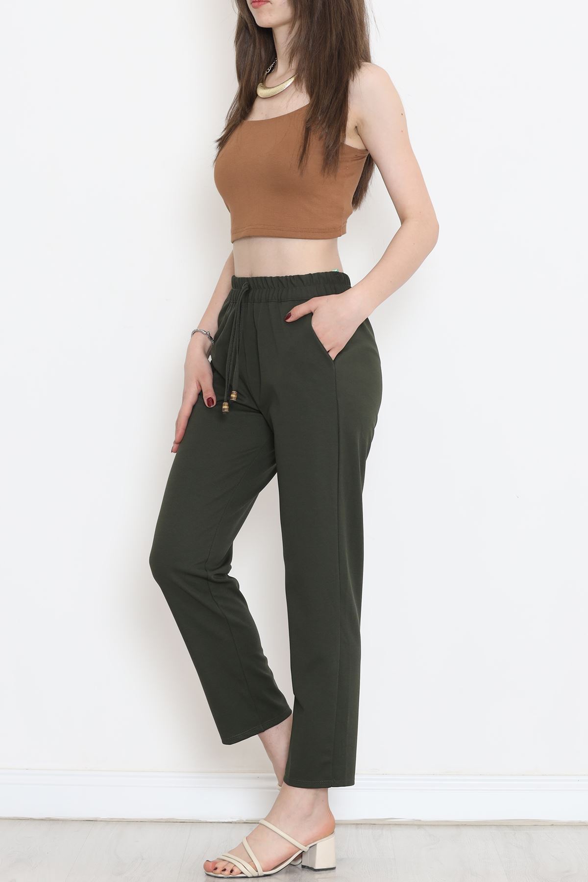 Crepe Lace-up Detailed Pants Khaki - 152429.1778.