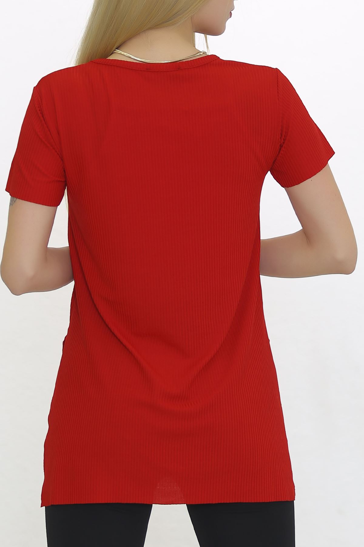 V-Neck T-Shirt with Slits Red - 1998.555.