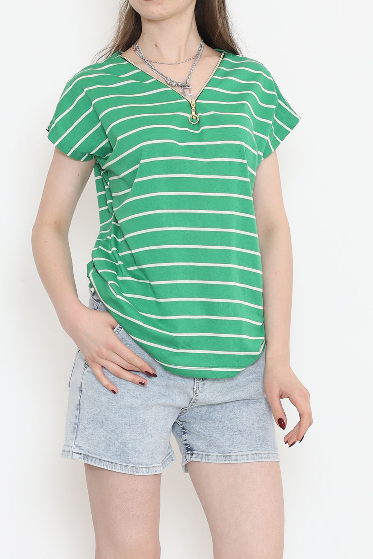 Zippered Striped T-shirt Green - 9657.1567.