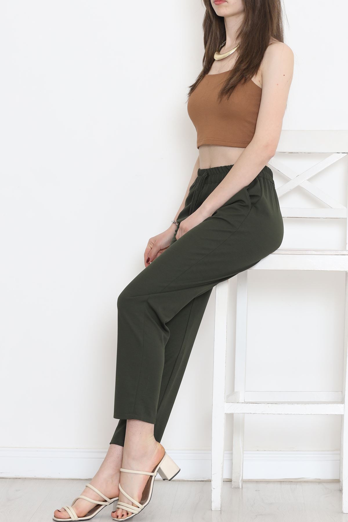 Crepe Lace-up Detailed Pants Khaki - 152429.1778.