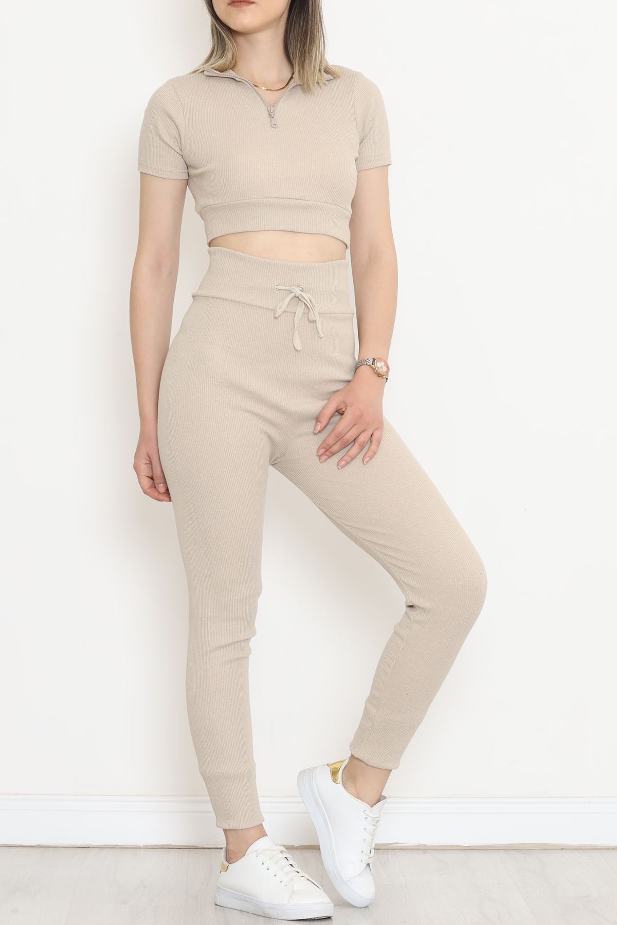 Camisole Zippered Short Sleeve Set Beige - 18517.1567.