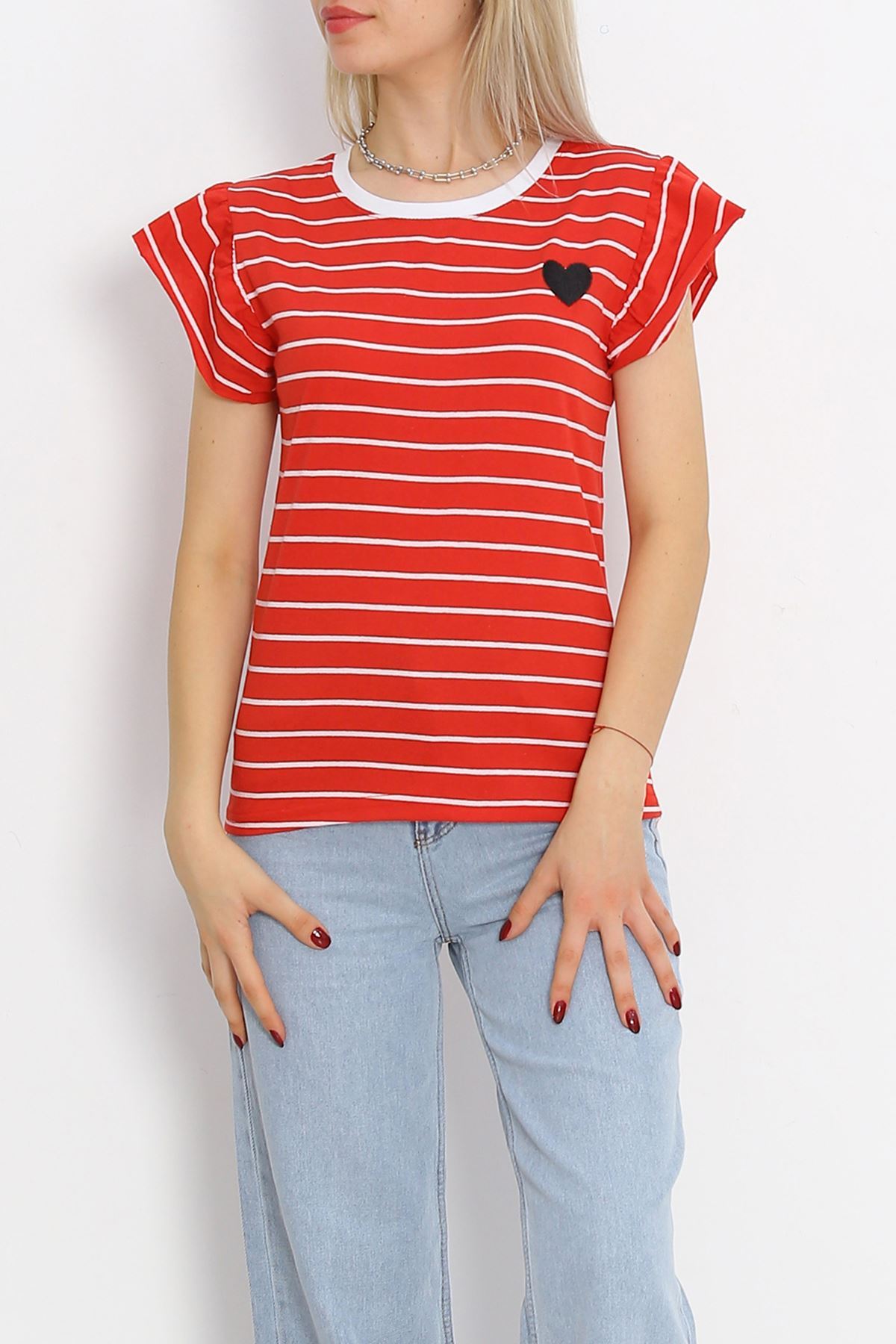 Embroidered Sleeve Ruffle T-shirt Red - 15920.1567.