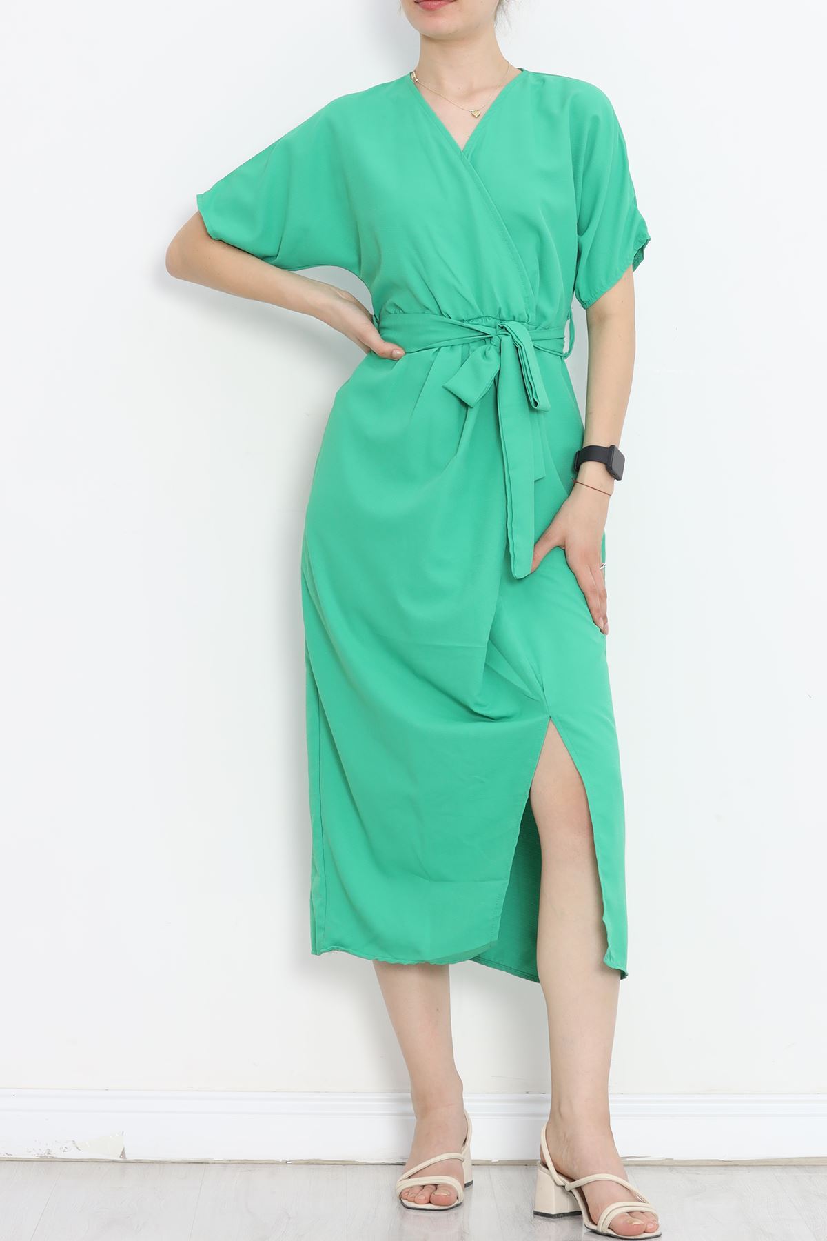 Double-breasted Collar Belted Dress Green1 - 152445.701.