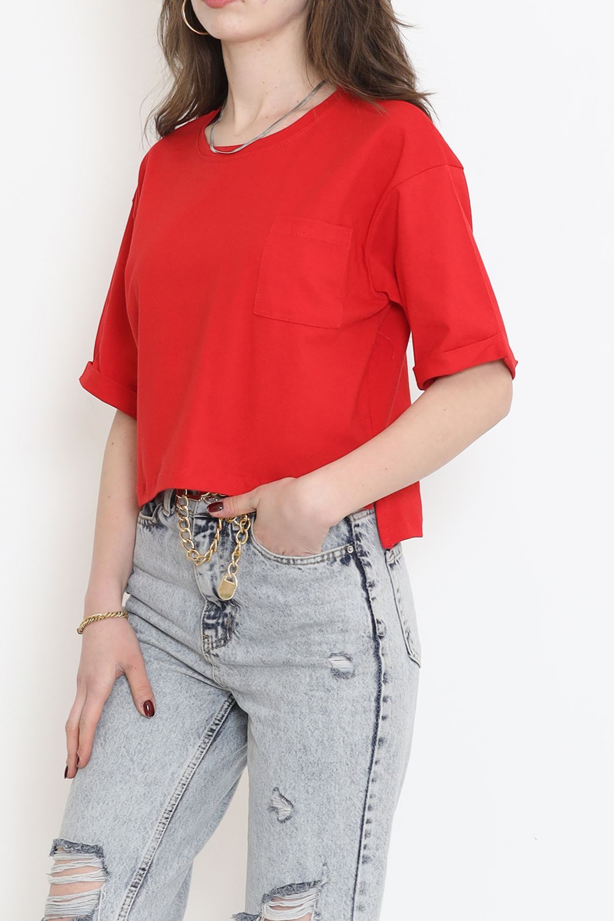 Crew Neck T-shirt with Pockets Red - 16563.1567.