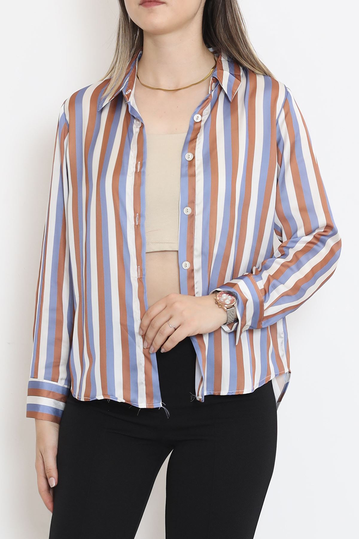 Striped Satin Shirt Blue-Brown - 909.1247.