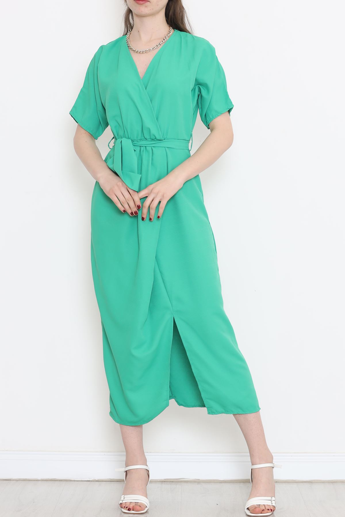 Double-breasted Collar Belted Dress Green - 152445.701.