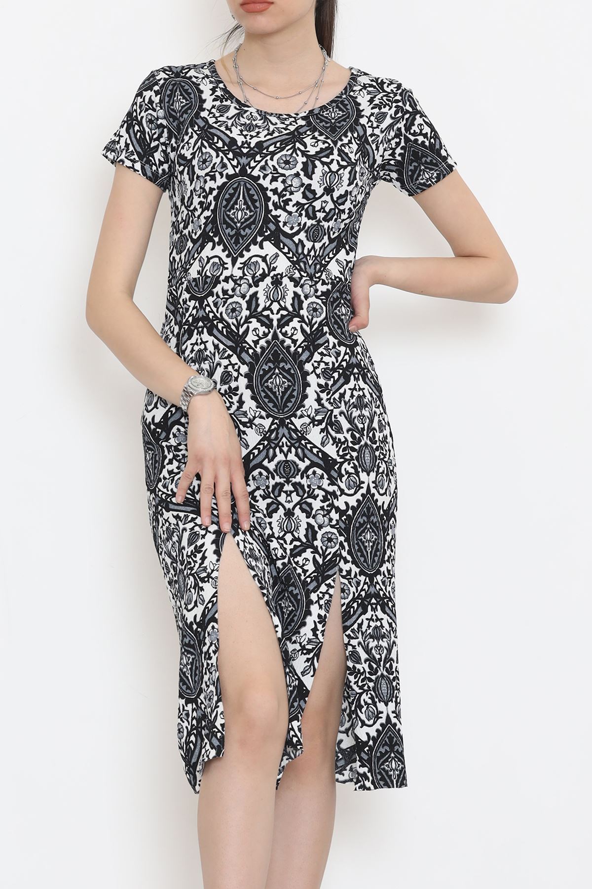 Crew Neck Floral Slit Dress Siyahekru - 18327.555.