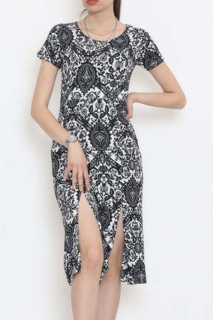 Crew Neck Floral Slit Dress Siyahekru - 18327.555.