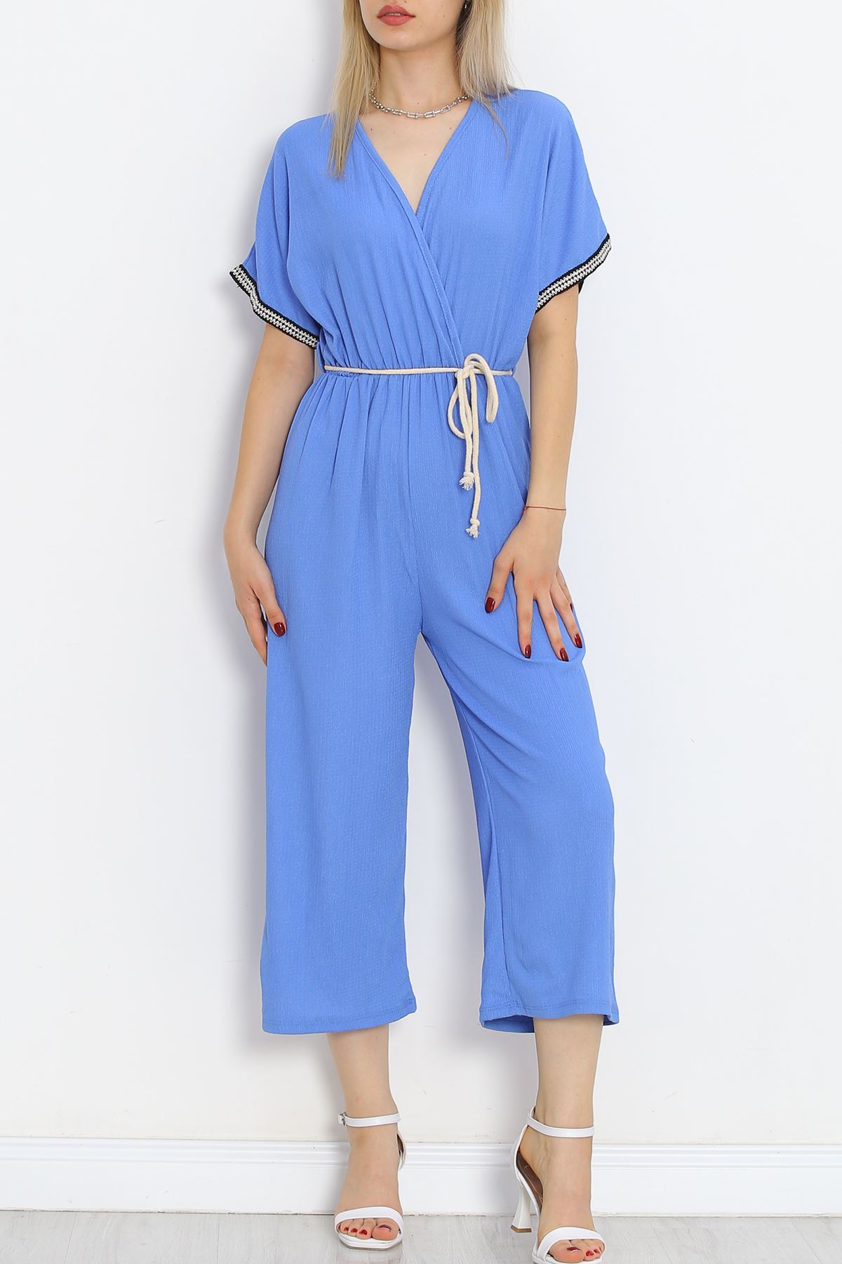 Knit Belt Burlap Jumpsuit Blue - 10007.1567.