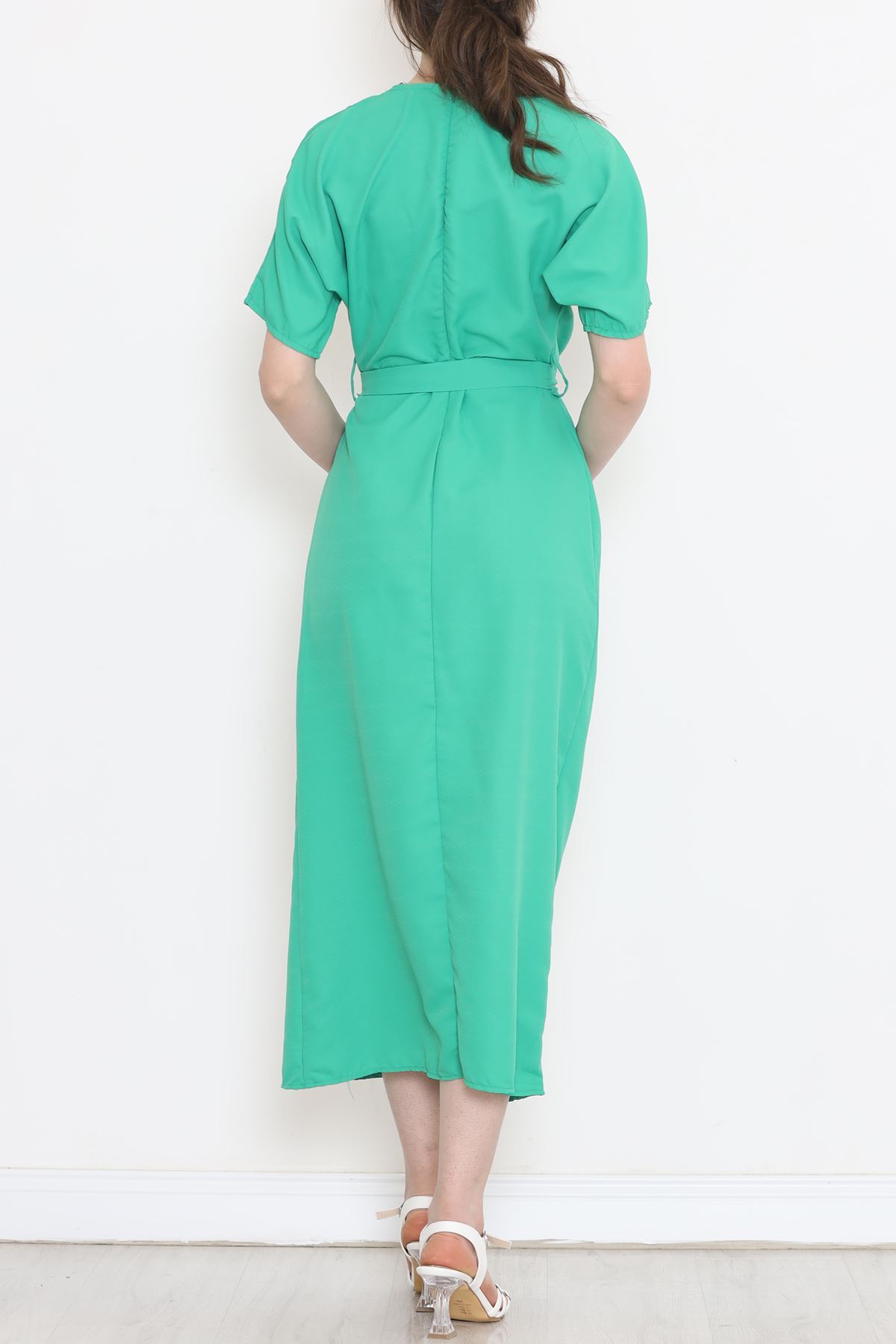 Double-breasted Collar Belted Dress Green - 152445.701.