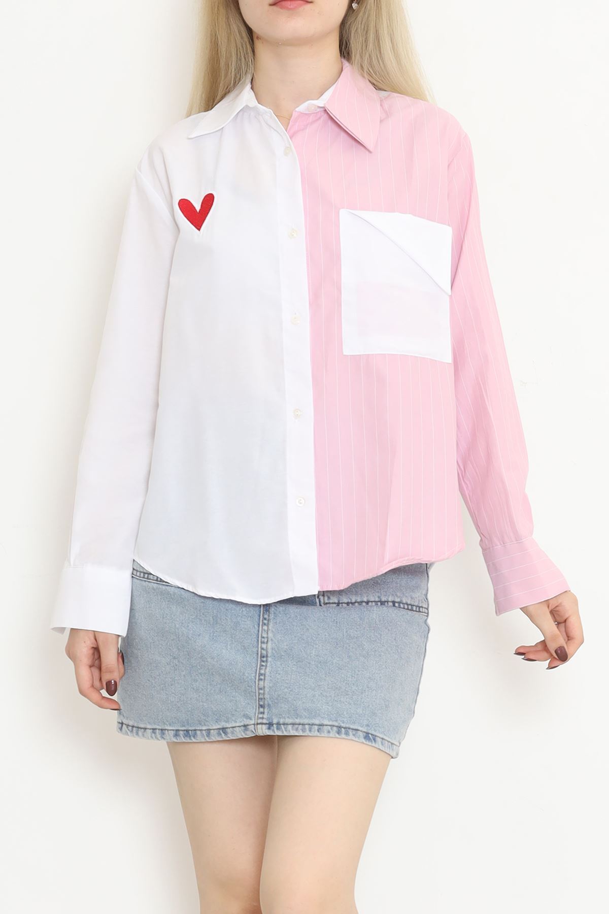 Heart Embroidered Shirt Pink-White - 986.1247.