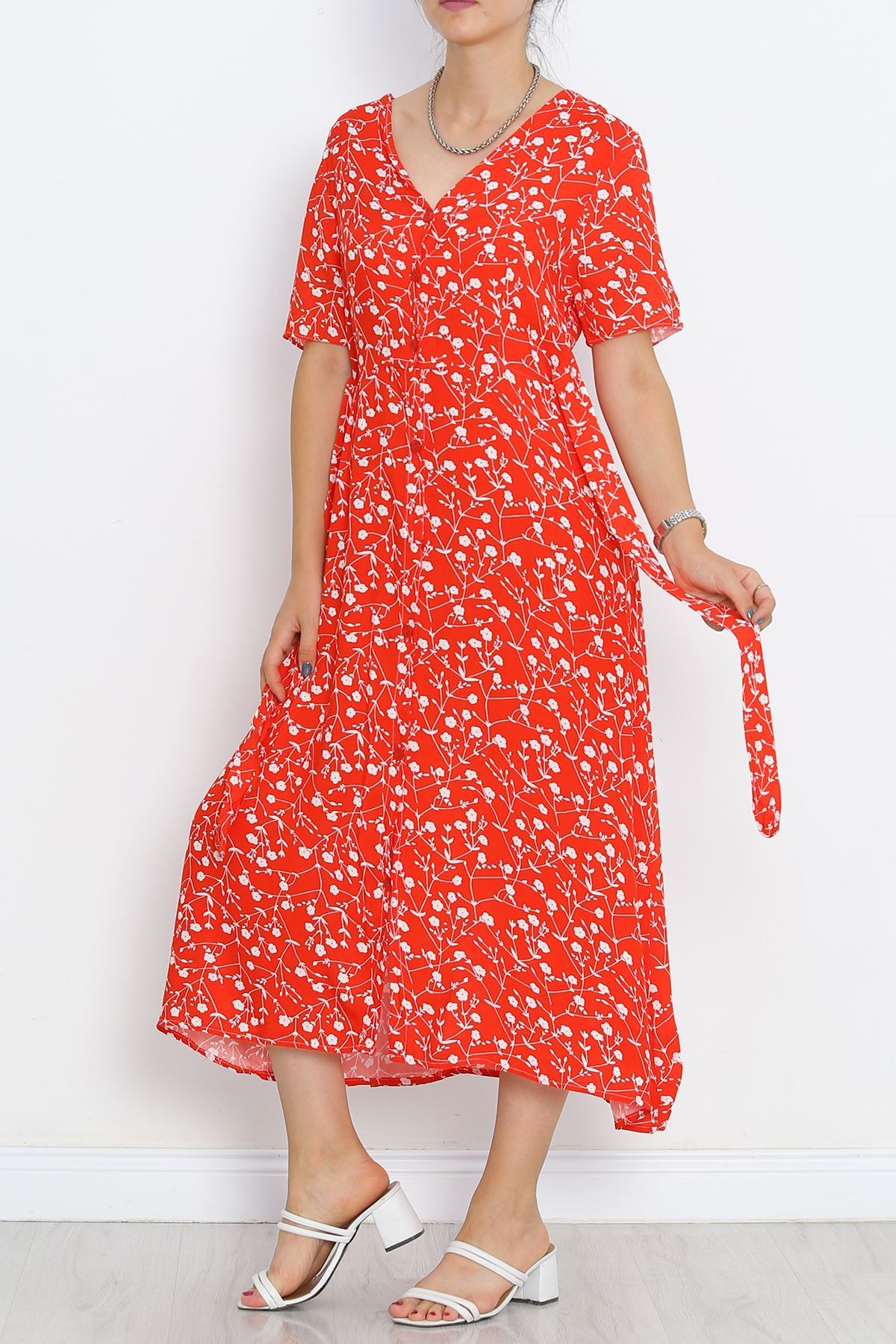 Buttoned Belted Dress Red and White - 716.1247.