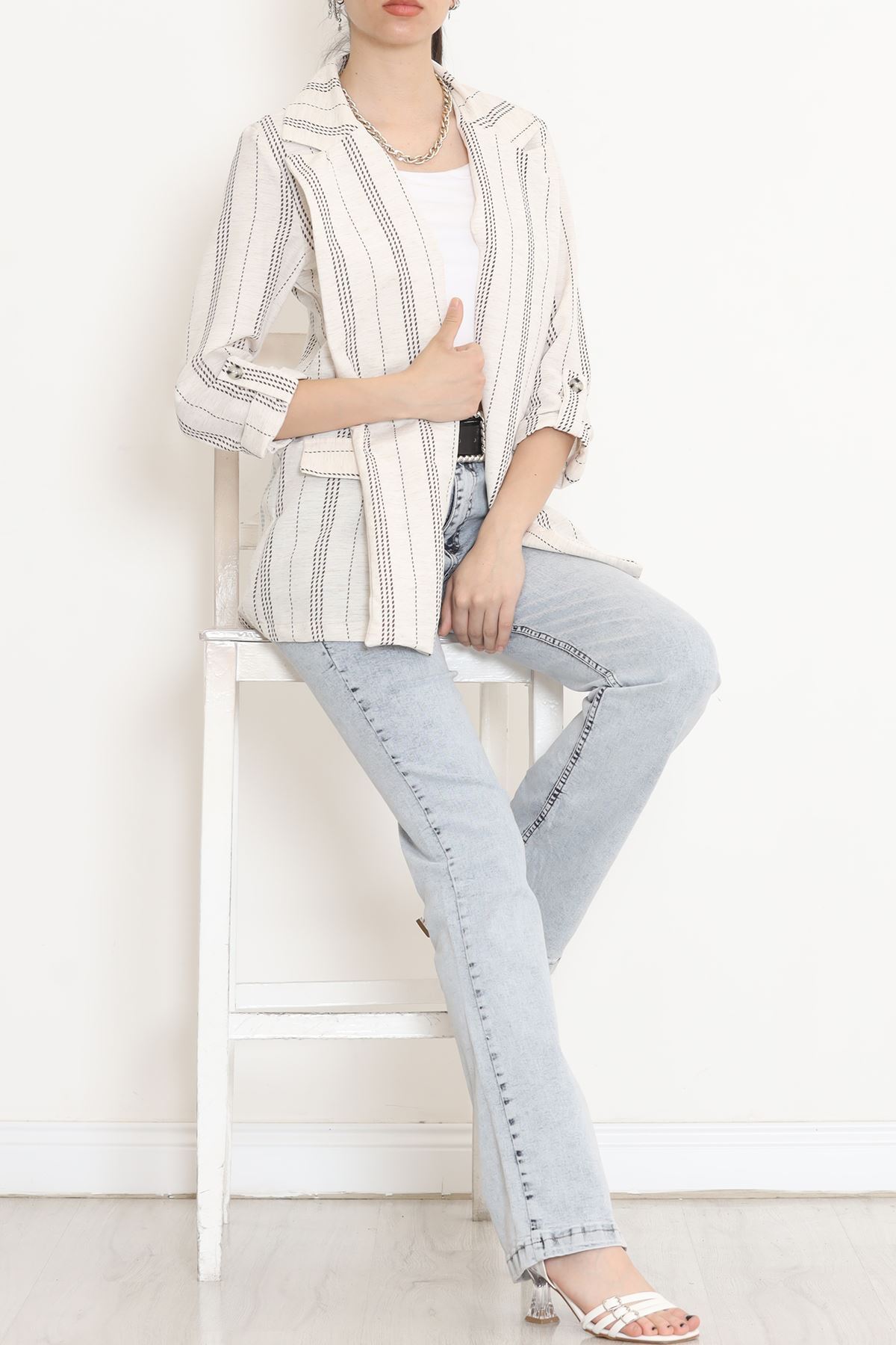 Linen Striped Jacket Ekrukahve - 1024.1247.