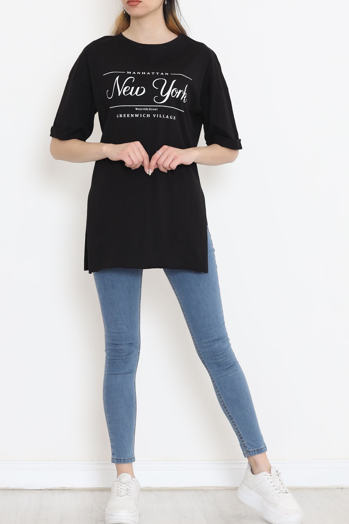 Printed Side Slit T-shirt Black - 16557.1567.