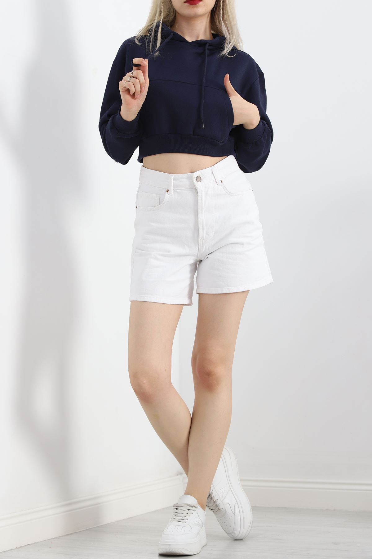 Şardonlu Oversize Crop Sweat Lacivert - 21391.200.