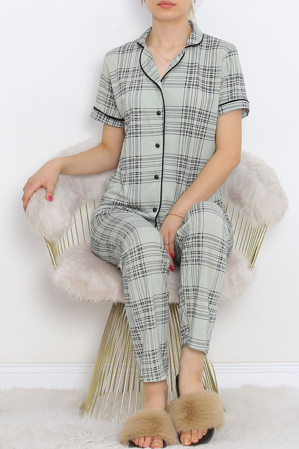 Polyviscose Interlock Short Sleeve Pajama Set Mintsiyah - 927.1287.