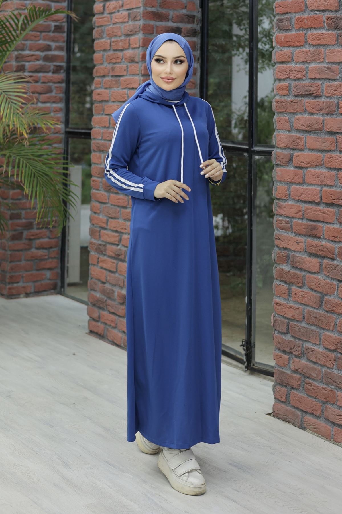 Hooded Stripe Detailed Dress Indigo - 10005.1778.