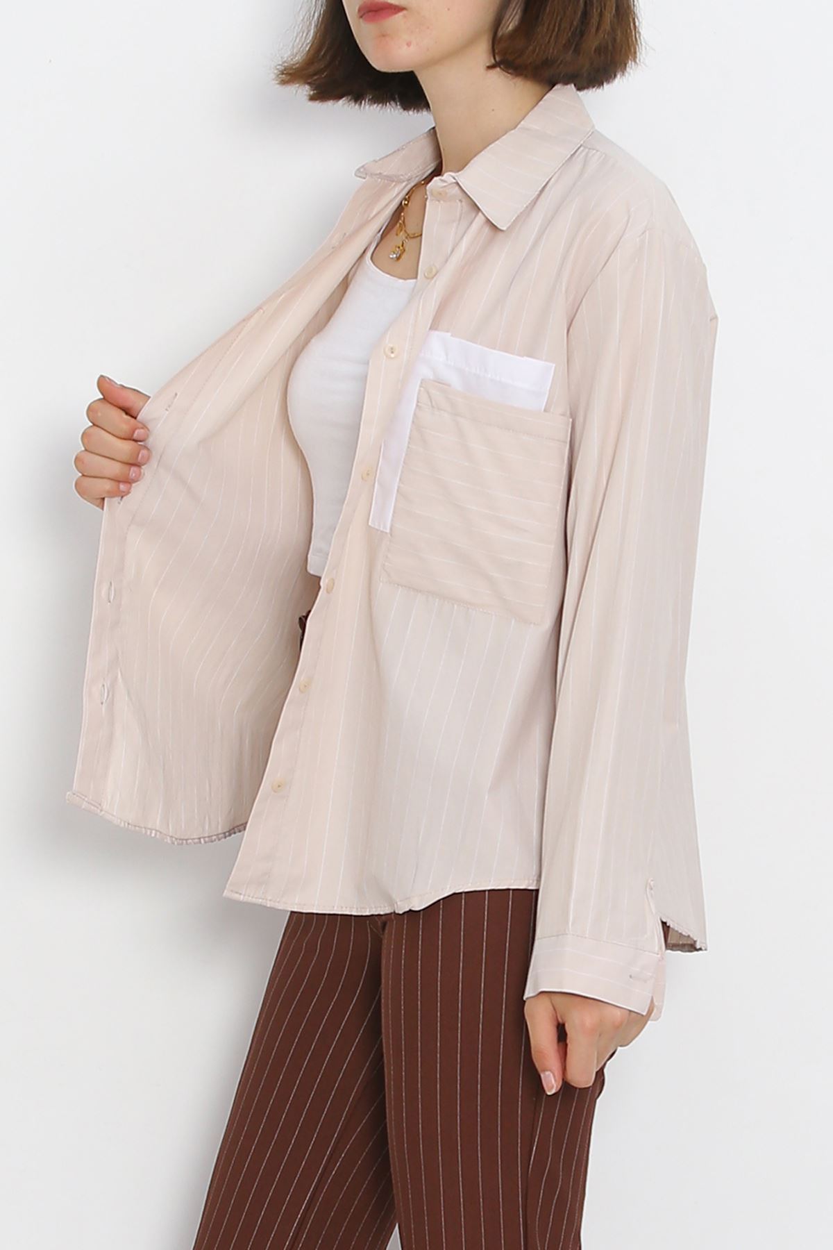 Pocket Detail Striped Shirt Beige - 18958.1247.