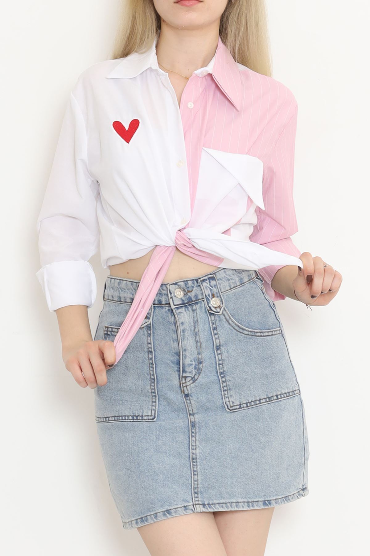 Heart Embroidered Shirt Pink-White - 986.1247.