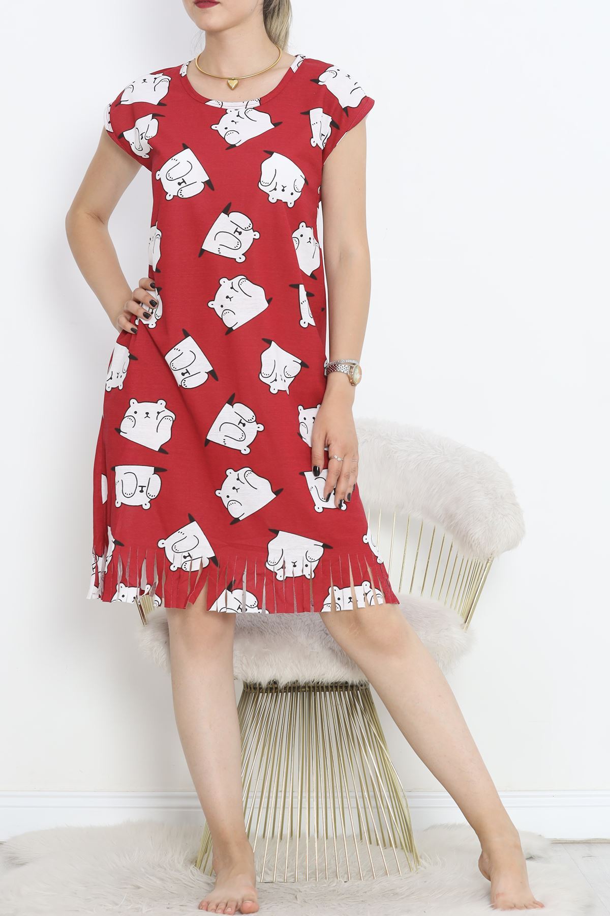 Printed Rotation Tasseled Dress Red and White - 263.1287.