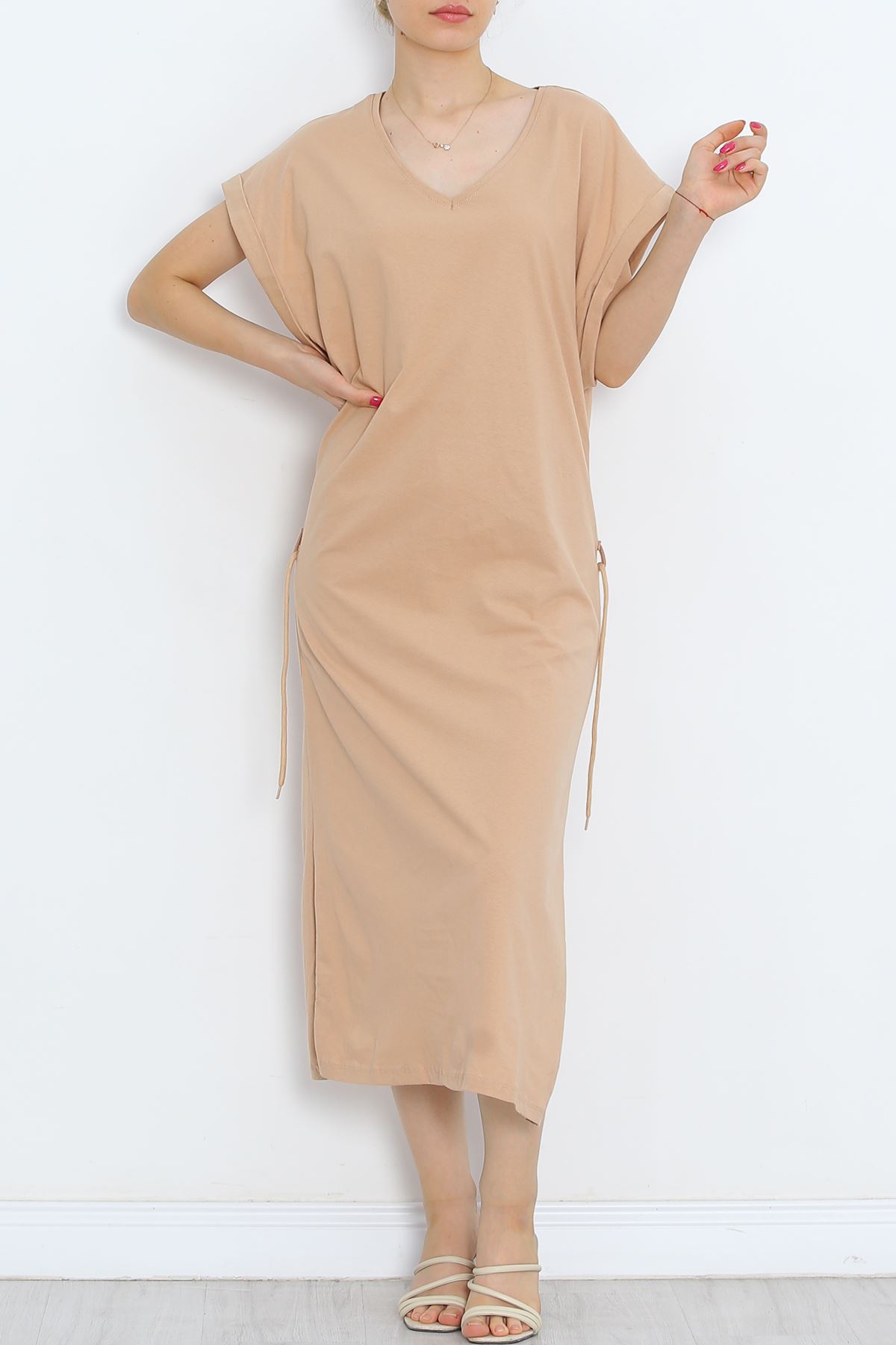 V Neck Single Jersey Dress Sütlükahve - 15864.1567.