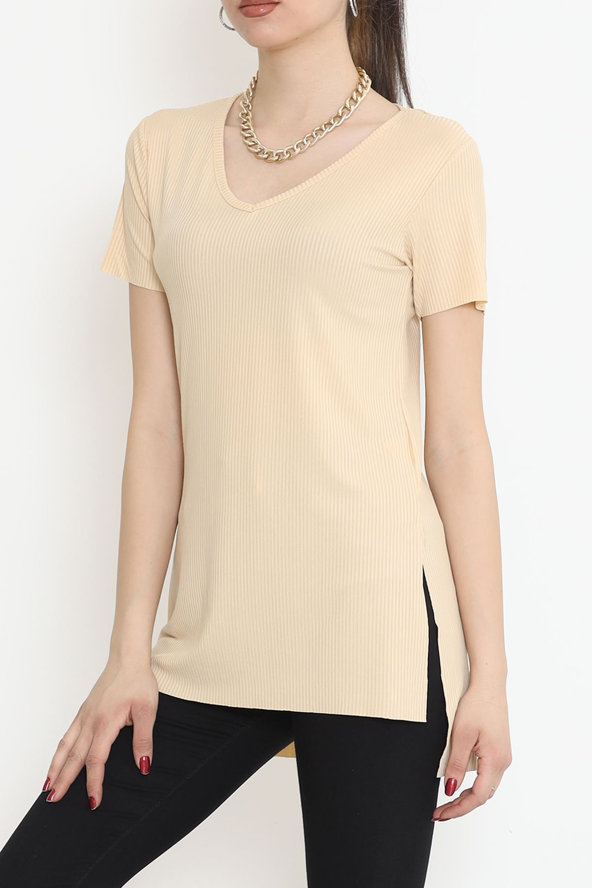 V-Neck T-Shirt with Slits Beige - 1998.555.