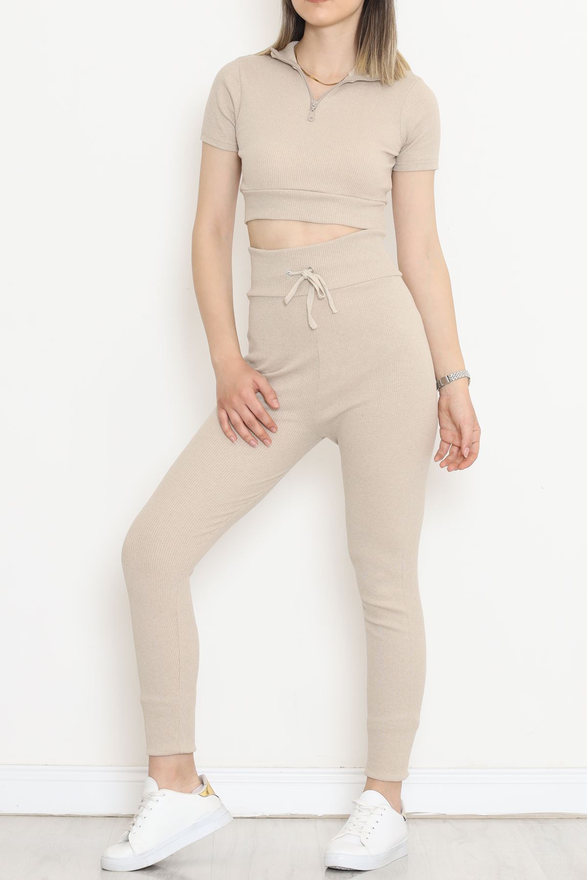 Camisole Zippered Short Sleeve Set Beige - 18517.1567.