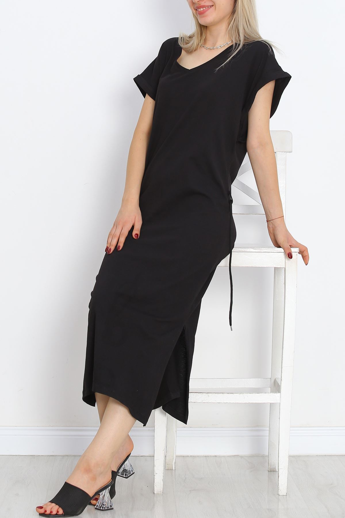 V-Neck Single Jersey Dress Black - 15864.1567.