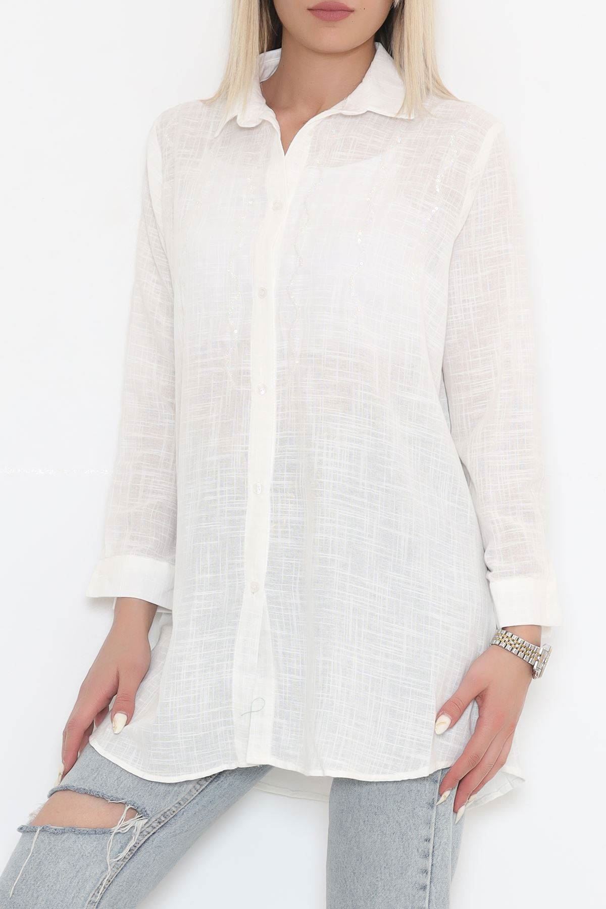 Sequin Detailed Long Shirt Ecru - 1359.1367.