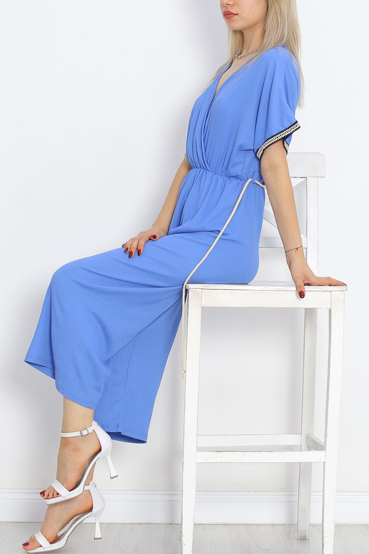 Knit Belt Burlap Jumpsuit Blue - 10007.1567.