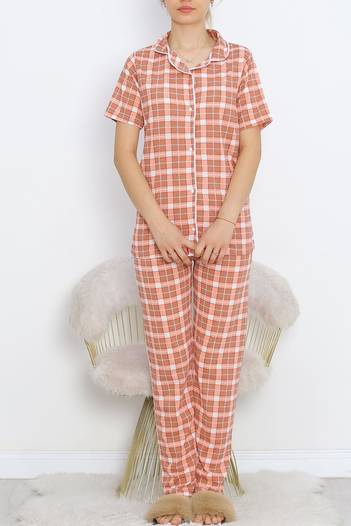 Buttoned Pajama Set Salmon-Brown - 18948.1567.