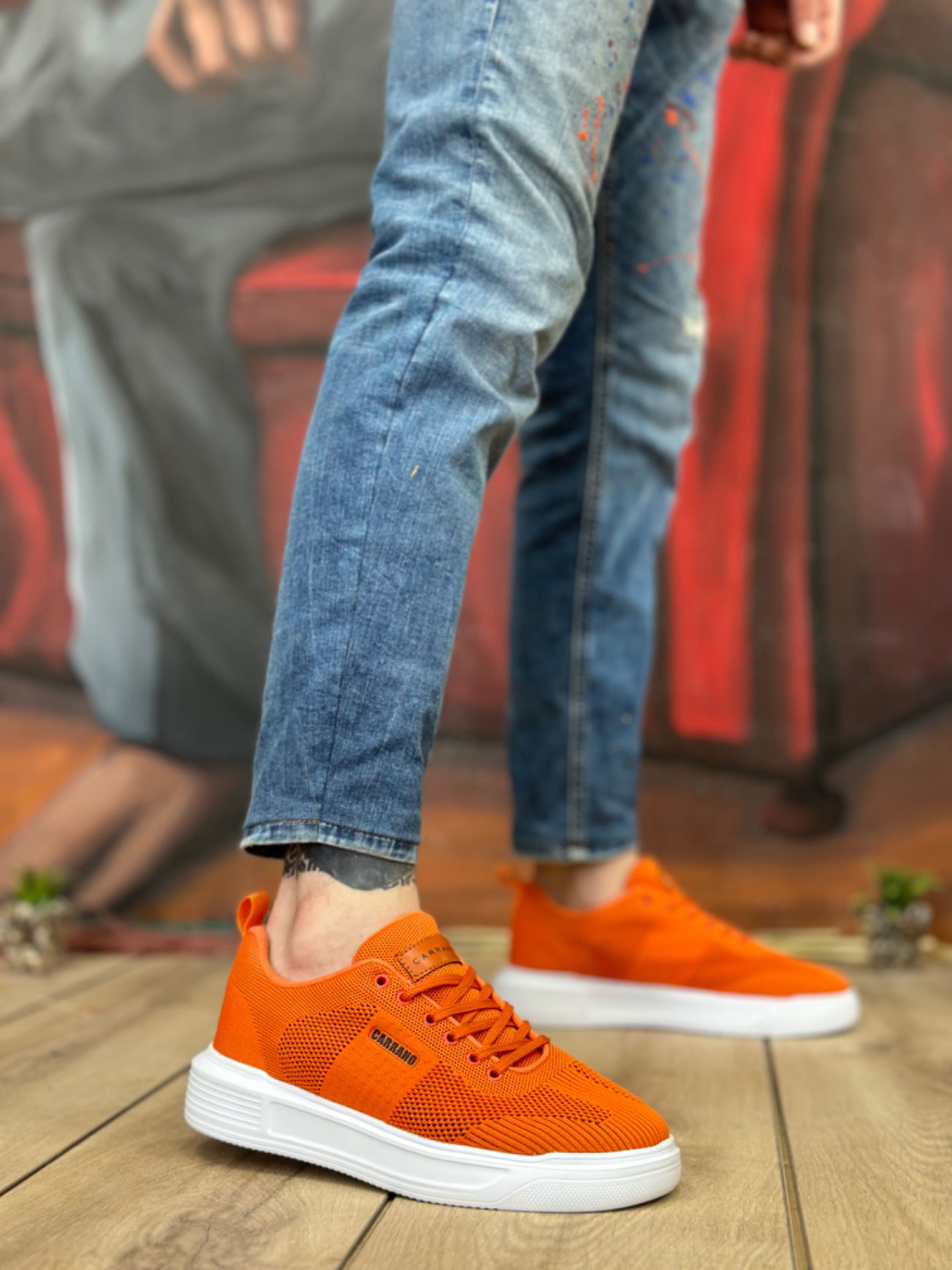 Custom Knitted Tricot High Sole Style Orange Color Sneakers