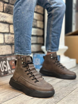 Men's High Sole Brown Sport Boots with Hidden Laces